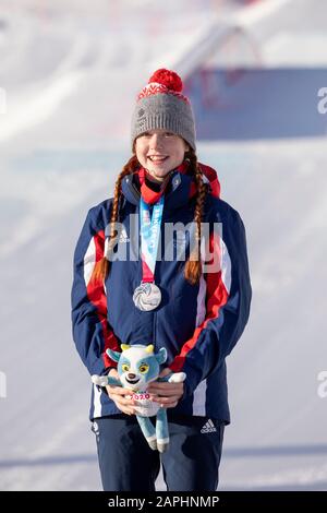Team GB’s Kirsty Muir (15) at the medal ceremony following winning silver at Women’s Freeski Big Air during the Lausanne 2020 Youth Olympic Games. Stock Photo