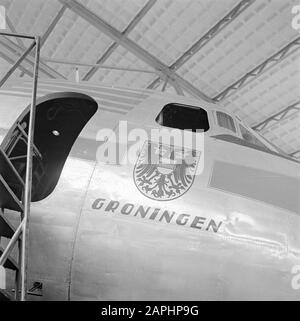 Corporate style and emblems KLM Description: The name lettering of the four-engine KLM DC-4 passenger aircraft 'Groningen' registration number PH-DBL at Schiphol Airport Date: August 1951 Location: Noord-Holland, Schiphol Keywords: emblems, logos, airplanes Personal name: Groningen Stock Photo