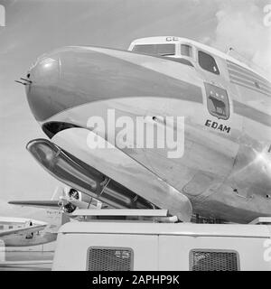 Corporate style and emblems KLM Description: The name lettering of the four-engine KLM DC-4 passenger aircraft 'Edam' Registration number PH-DBE at Schiphol Airport Date: August 1951 Location: Noord-Holland, Schiphol Keywords: emblems, logos, airplanes Personal name: Edam Stock Photo