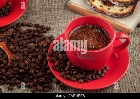 Two cups of freshly brewed coffee on the table Stock Photo
