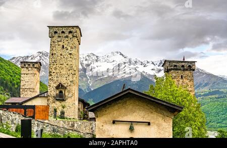 Defensive Svan Towers in Mestia, Georgia Stock Photo