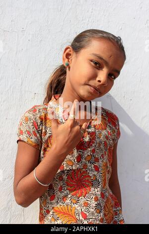 Rabari Tribe Girl - rock sign, Maringana Village, Gujarat, India
