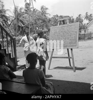 Journey to Suriname and the Netherlands Antilles Description: The schoolchildren of the Hernhuttersschool in Salem in the district Coronie receive geography lessons on the rivers in the Netherlands Date: 1947 Location: Coronie, Salem, Suriname Keywords: geography, pupils, teachers Stock Photo