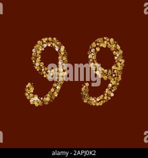Breezy latin alphabet. 99 golden glitter number. Common gold fantasy. Handwritten, light. Vector ABC. Latin calligraphy. Stock Vector