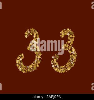 Recent latin alphabet. Liquid gold design. 33 golden glitter number. Handwritten, light. Vector ABC. Latin calligraphy. Stock Vector