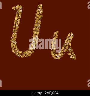 Vv golden glitter letter. Elementary gold idea. Crisp latin alphabet. Handwritten, light. Vector ABC. Latin calligraphy. Stock Vector