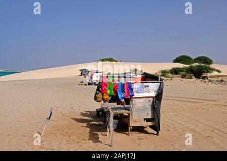 beach souvenir stalls on Praia da Chave Boa Vista Cabo Verde Stock Photo