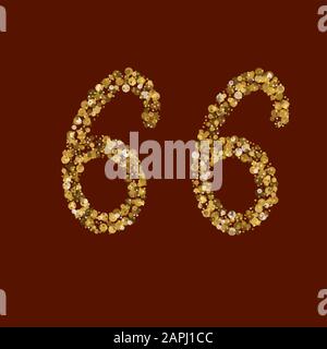 New latin alphabet. Liquid gold design. 66 golden glitter number. Handwritten, bright. Vector ABC. Latin calligraphy. Stock Vector