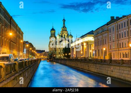 Griboyedov Canal with Church of the Savior on Spilled Blood at White Night in St. Petersburg, Russia Stock Photo