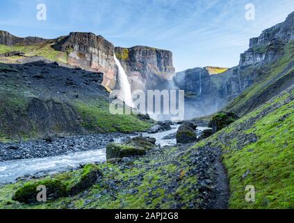 View of the landscape of the Haifoss waterfall in Iceland.  Nature and adventure concept background. Stock Photo