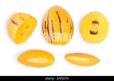 Fresh Pepino fruit isolated on white background. Top view, flat lay. Set or collection Stock Photo