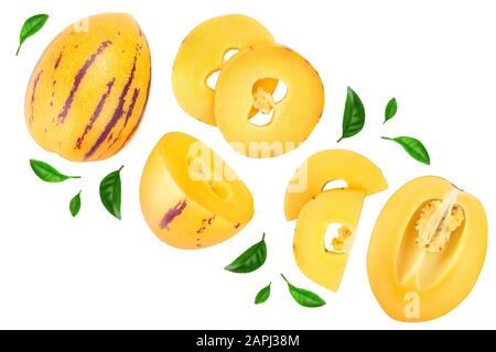 Fresh Pepino fruit with leaves isolated on white background. Top view, flat lay Stock Photo