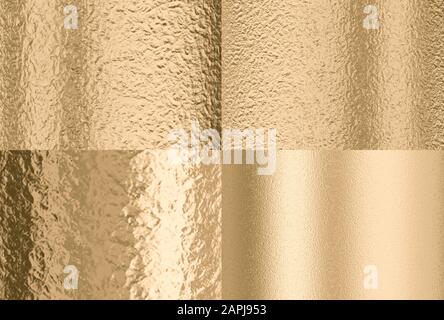 gold hammered effect background, four different solutions with different lighting and texture dimensions. 3d render. concept of luxury and wealth. Stock Photo