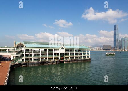 Hong Kong Pier 7; a Star Ferry approaching Pier 7, central piers on Hong Kong Island on a sunny day in November, Hong kong Asia Stock Photo