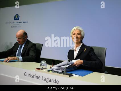 Frankfurt, Germany. 23rd Jan 2020. European Central Bank (ECB) President Christine Lagarde (R) attends a press conference at the ECB headquarters in Frankfurt, Germany, Jan. 23, 2020. The European Central Bank (ECB) on Thursday decided to leave key interest rates for the euro area unchanged and launched a review of its monetary policy strategy. FOR EDITORIAL USE ONLY. NOT FOR SALE FOR MARKETING OR ADVERTISING CAMPAIGNS. (ECB/Handout via Xinhua) Credit: Xinhua/Alamy Live News Stock Photo