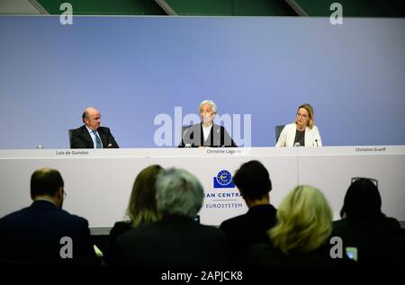 Frankfurt, Germany. 23rd Jan 2020. European Central Bank (ECB) President Christine Lagarde (C) speaks during a press conference at the ECB headquarters in Frankfurt, Germany, Jan. 23, 2020. The European Central Bank (ECB) on Thursday decided to leave key interest rates for the euro area unchanged and launched a review of its monetary policy strategy. FOR EDITORIAL USE ONLY. NOT FOR SALE FOR MARKETING OR ADVERTISING CAMPAIGNS. (ECB/Handout via Xinhua) Credit: Xinhua/Alamy Live News Stock Photo