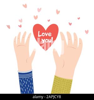 Cute illustration of two hands, between them a big heart. I love you. Postcard to the day of St. Valentine. A tender declaration of love. Valentine's Stock Vector