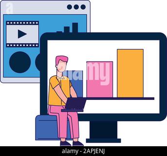 computer and man using a laptop computer Stock Vector