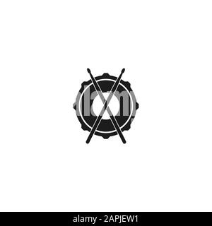 Vector logo of rock school or rock band. Snare drum with drumsticks. Rock music label. Vecor logo isolated on white. Stock Vector