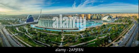 Aerial morning panorama of the futuristic modern building arts and science city in the Turia riverbed of Valencia, Prince Philip science museum, Ocean Stock Photo