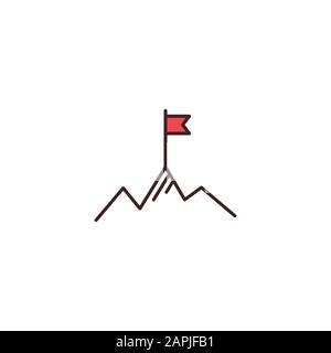 Red flag on a mountain peak. success, high results symbol. Landscape with mountains and clouds. Victory, leadership concept. Flat line vector icon iso Stock Vector