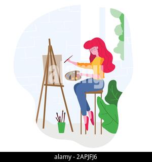 Art studio interior. Woman artist drawing. Stock Vector
