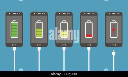 Set of smartphones with battery charge level indicators and charger connection. Stock Vector