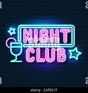 Night club neon sign on brick wall background. Blank 3d retro frame ...