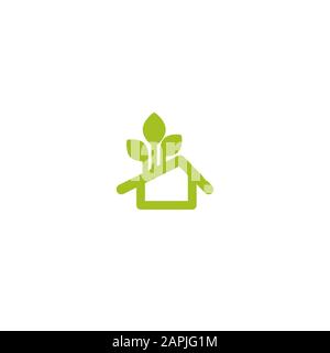 Flat green home with green leaf inside. Simple silhouette of the house with green roof and chimney. Icon isolated on white. Vector building symbol. Ec Stock Vector