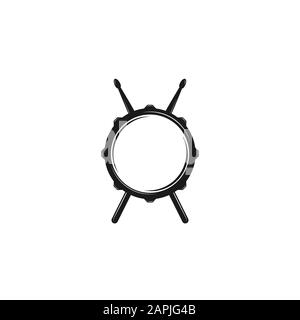 Vector logo of rock school or rock band. Snare drum with drumsticks. Rock music label. Vecor logo isolated on white. Stock Vector