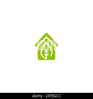 Flat green home with green leaf inside. Simple silhouette of the house with green roof and chimney. Icon isolated on white. Vector building symbol. Ec Stock Vector