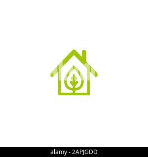 Flat green home with green leaf inside. Simple silhouette of the house with green roof and chimney. Icon isolated on white. Vector building symbol. Ec Stock Vector