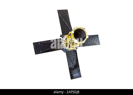 Spaceship satellite telescope with four solar panels open, isolated on white background Stock Photo