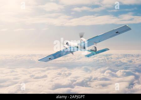 Unmanned aerial vehicle with security cameras flies above the clouds Stock Photo