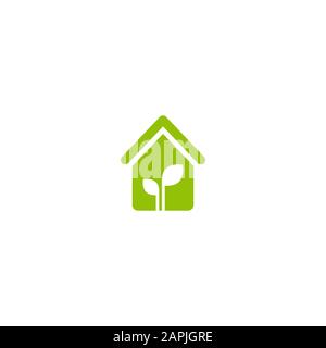 Flat green home with green leaf inside. Simple silhouette of the house with green roof and chimney. Icon isolated on white. Vector building symbol. Ec Stock Vector