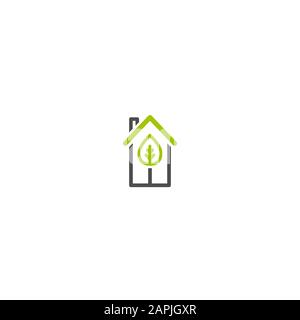 Flat green home with green leaf inside. Simple silhouette of the house with green roof and chimney. Icon isolated on white. Vector building symbol. Ec Stock Vector