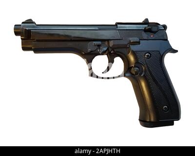 Black Pistol isolated. Replica of the famous Italian weapons on a light background. Automatic version. A demonstration model. Not lethal. Stock Photo