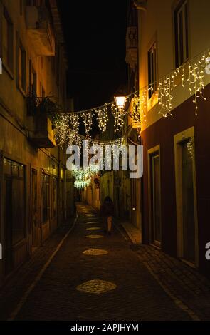 Street decorated with Christmas lights Stock Photo