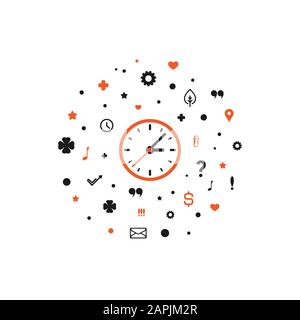 red and white clock with question marks, stars, bubbles and signs. Flat icon isolated on white background. Time to work, dead line symbol. Stock Vector