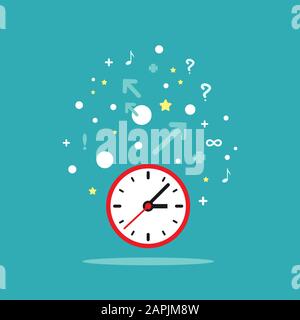 red and white clock with question marks, stars, bubbles and signs. Flat icon isolated on blue background. Time to work, dead line symbol. Stock Vector