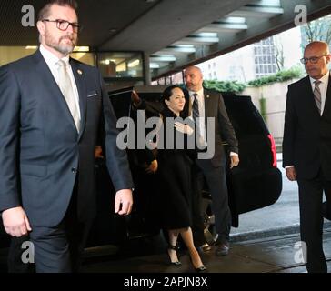 Vancouver, Canada. 23rd Jan, 2020. Huawei CFO Meng Wanzhou wearing a GPS tracker ankle bracelet, is escorted by Court appointed Security as she arrives for the fourth day of her week long extradition hearings at BC Supreme Court in Vancouver, British Columbia (BC), Thursday, January 23, 2020. Arrested Dec 1, 2018 and released soon after on $7.5 million bail Meng is fighting extradition to the USA on fraud charges. Photo by Heinz Ruckemann/UPI Credit: UPI/Alamy Live News Stock Photo