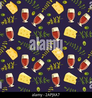 Red wine glass cheese flat vector seamless pattern Stock Vector