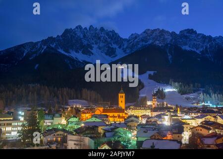 San Candido / Innichen by night in South Tyrol / Alto Adige, Italy during winter season Stock Photo