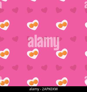 Cute flat seamless valentines pink pattern. Heart-shape fried eggs and hearts. Valentines day holiday concept. Easter wallpaper or background. Stock Stock Vector