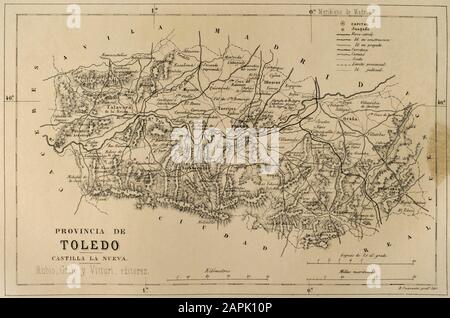 Map of the Province of Toledo, Spain. Cronica General de España, Historia Ilustrada y Descriptiva de sus Provincias. Castilla-La Nueva, 1869. Stock Photo