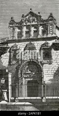 Spain, Toledo. Old Hospital of Santa Cruz (The Holy Cross Hospital). Founded by Cardinal Mendoza in the16th century. In 1846 it was the headquarters of the Military College of Infantry. Exterior view. Illustration by Urrabieta. Engraving by Sierra. Cronica General de España, Historia Ilustrada y Descriptiva de sus Provincias. Castilla-La Nueva, 1869. Stock Photo