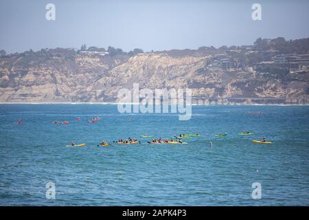 Kayakers in La Jolla Bay, San Diego, Southern California, Pacific Ocean on a sunny day. Stock Photo