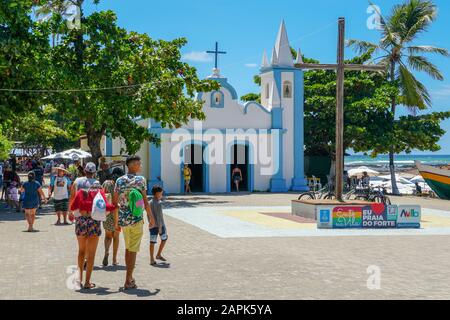 Church of Sao Francisco De Assis. Little church in the middle of the village of Praia Do Forte, Famous tourist attraction. State of Bahia, Brazil. . February, 22nd, 2019 Stock Photo