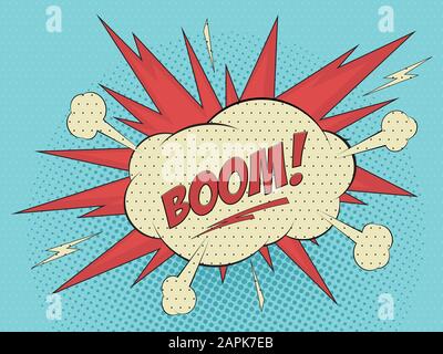 Comics book balloon lettering Boom sound effects and cartoon blast. Pop art vector illustration. Stock Vector