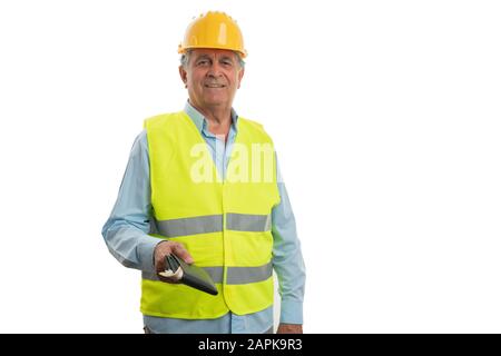 Old male engineer smiling as presenting leather wallet with money inside isolated on white background Stock Photo